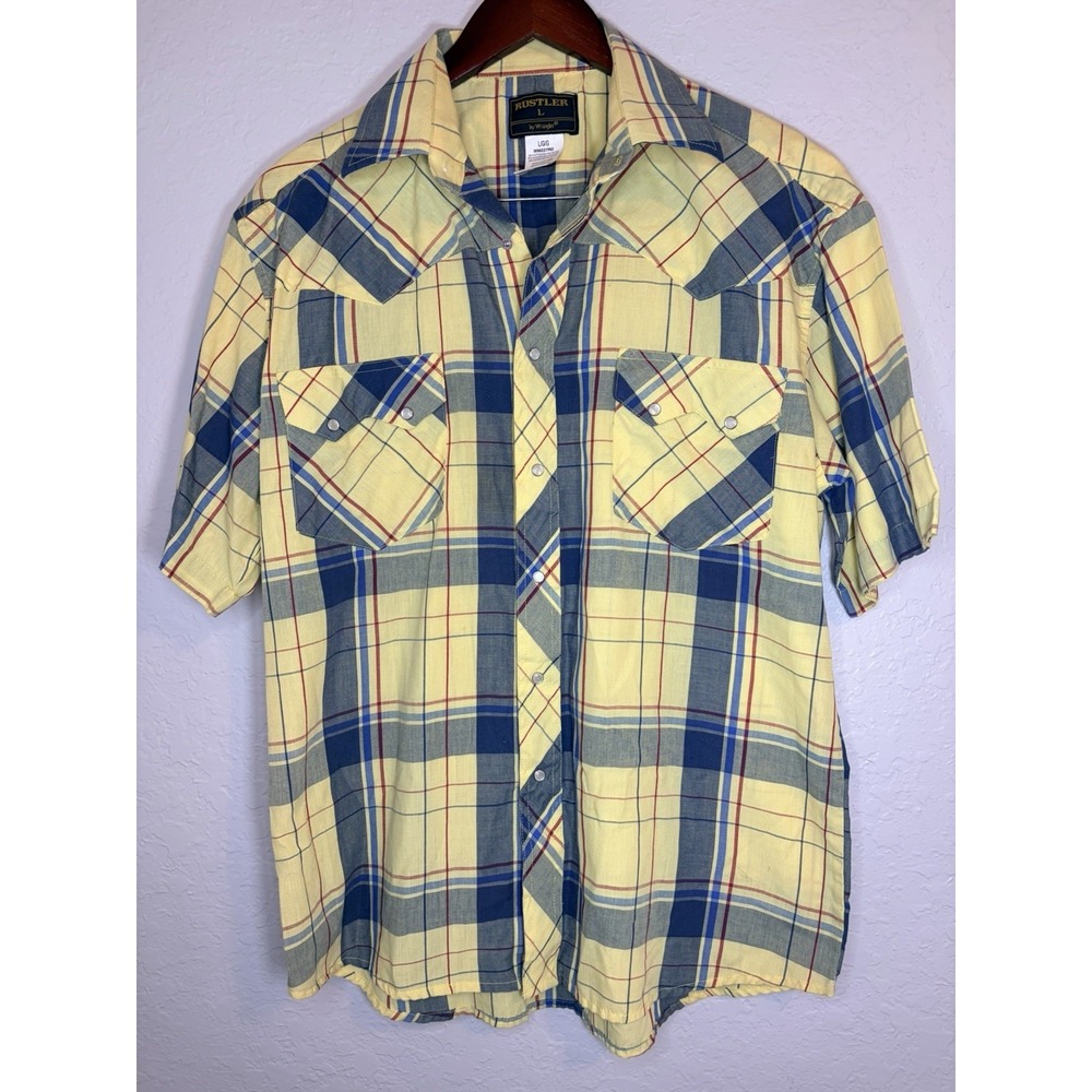 VTG Rustler Wrangler Mens Large Yellow Blue ‎ Plaid Pearl Snap Cowboy Shirt
